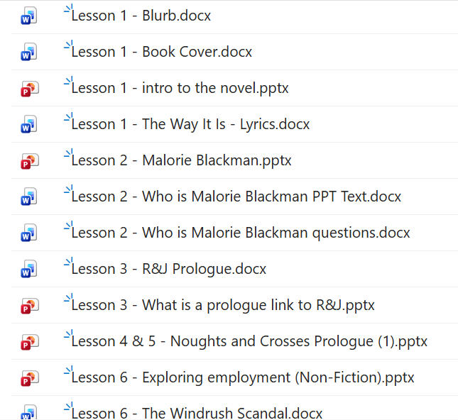 A screenshot of a file browser or folder listing showing multiple document files, including lesson documents such as 'Lesson 1 - Blurb.docx', 'Lesson 1 - Book Cover.