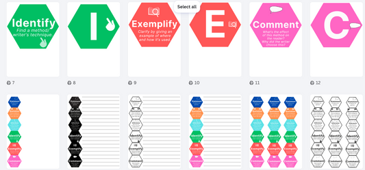 A digital preview sheet showing a set of educational flashcards or study guides. The top row displays five green hexagonal cards with titles like 'Identify', 'Exemplify', 'E', 'Comment', and 'C'.
