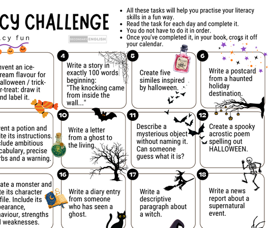A Halloween-themed literacy activity sheet titled 'Halloween Literacy Challenge' with 16 numbered boxes containing writing prompts such as 'Write a story in exactly 100 words beginning: The knocking came from inside the wall.' and 'Write a postcard from a haunted holiday destination.