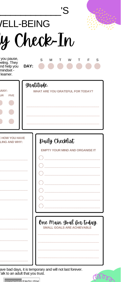Well-being daily check-in sheet with various sections for self-assessment and goal-setting.