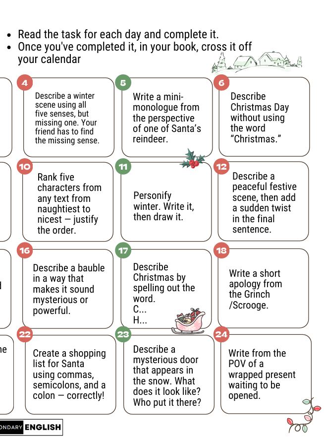English + Literacy Task Advent Calendar