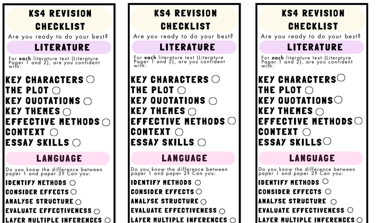 ks4 revision checklist english gcse teacher