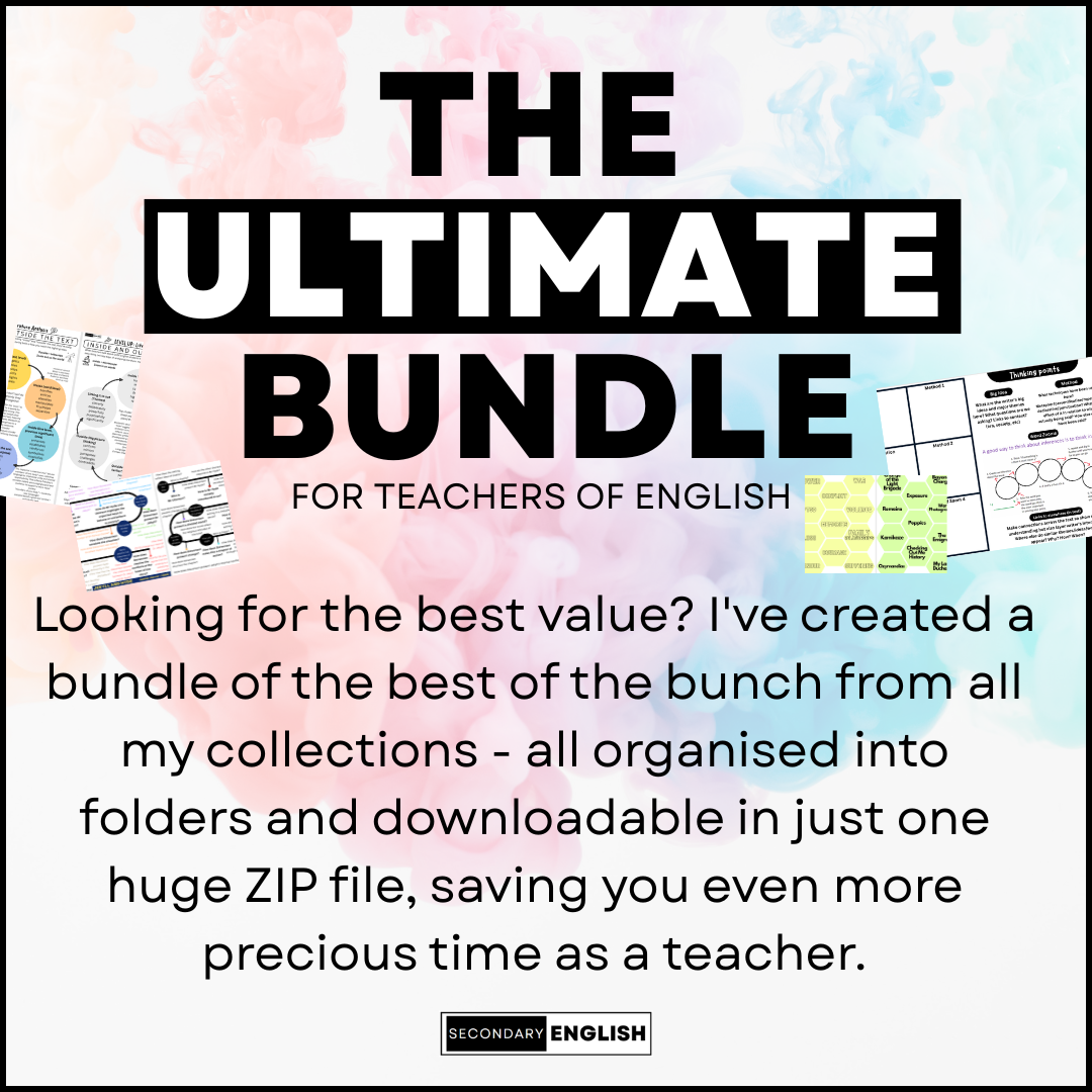 Promotional image for 'The Ultimate Bundle for Teachers of English' with colorful background and text.