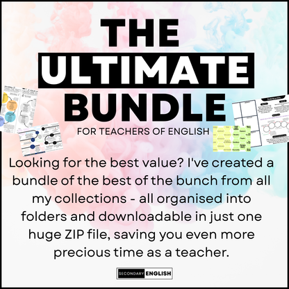 Promotional image for 'The Ultimate Bundle for Teachers of English' with colorful background and text.