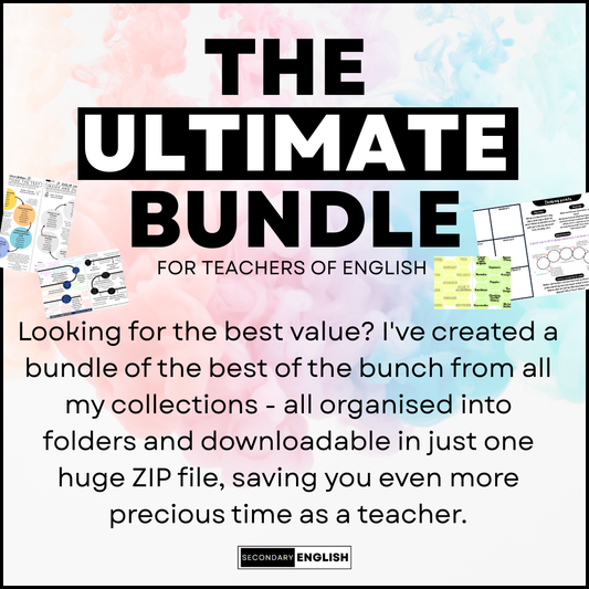 Promotional image for 'The Ultimate Bundle for Teachers of English' with colorful background and text.