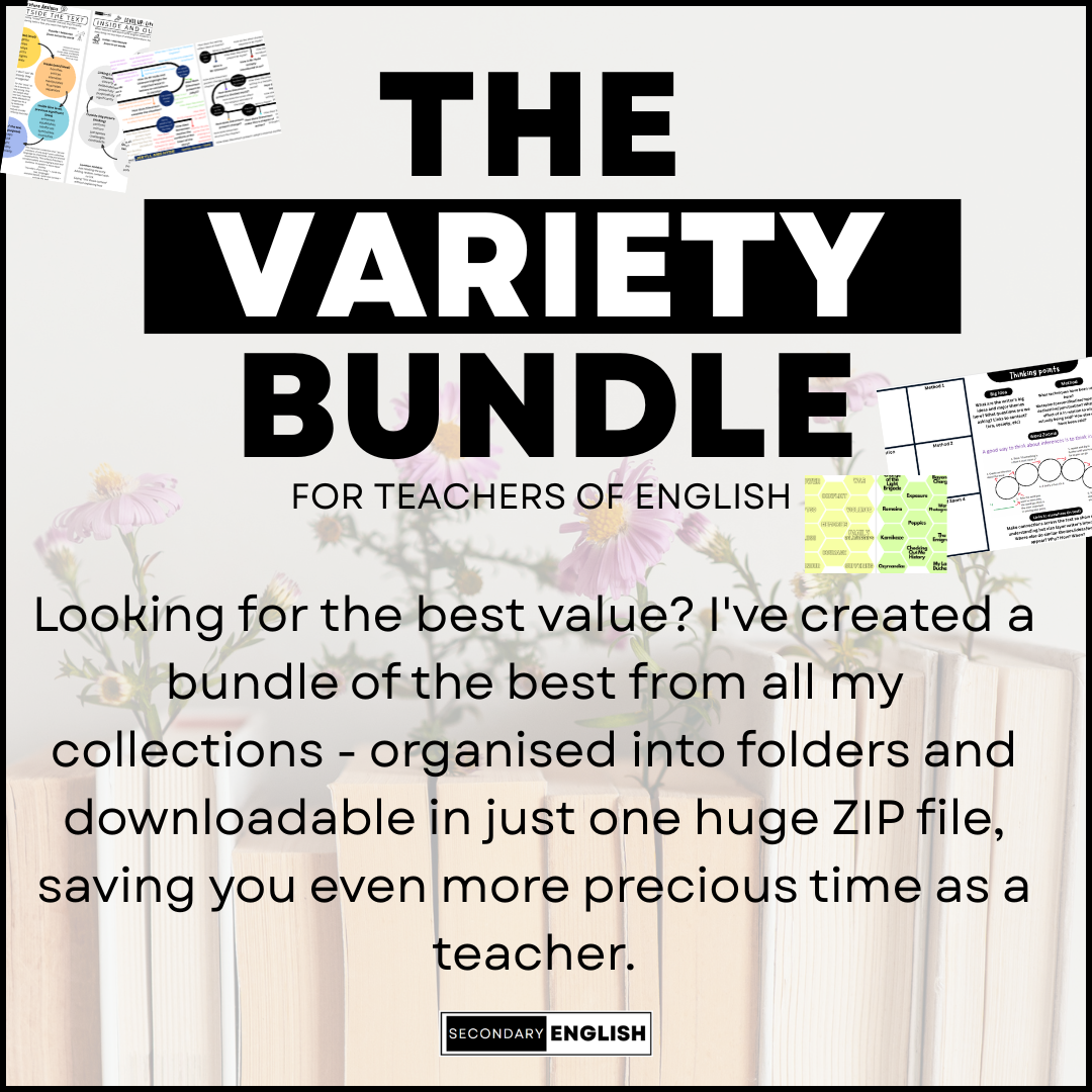 Promotional image for 'The Variety Bundle' for teachers of English with text and educational materials.