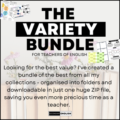Promotional image for 'The Variety Bundle' for teachers of English with text and educational materials.