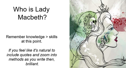 A digital slide or poster layout with the title 'Who is Lady Macbeth?' on the left and a stylized watercolor illustration of Lady Macbeth on the right. The left side contains motivational text about knowledge and writing methods, while the right side shows a profile portrait of a woman with a crown, green and red watercolor washes, and black line art.