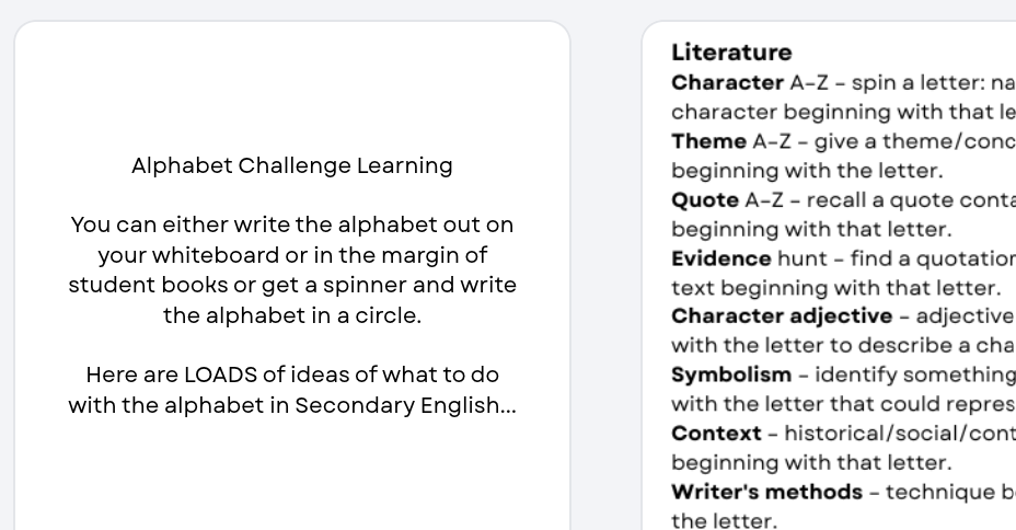 A digital screenshot of an educational resource titled 'Alphabet Challenge Learning' on the left, with a sidebar on the right listing learning themes such as Literature, Character, Quote, and Symbolism.