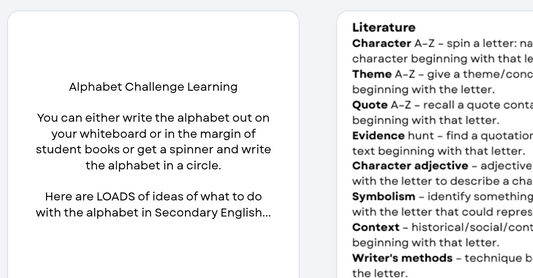 A digital screenshot of an educational resource titled 'Alphabet Challenge Learning' on the left, with a sidebar on the right listing learning themes such as Literature, Character, Quote, and Symbolism.