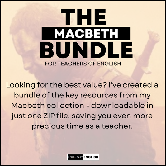 Promotional graphic for 'The Macbeth Bundle' for teachers of English with a blurred background.