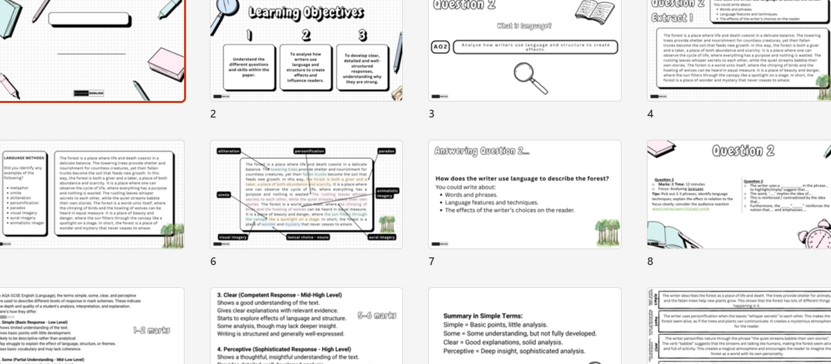 A collage of multiple educational worksheet or lesson-plan pages laid out in a grid, with headings such as learning objectives, vocabulary, and comprehension questions. The pages are mostly white with black text and small colored illustrations.