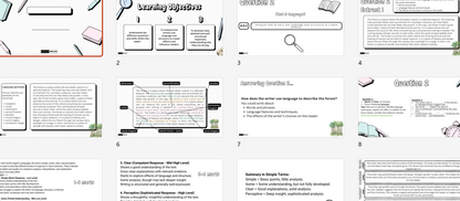 A collage of multiple educational worksheet or lesson-plan pages laid out in a grid, with headings such as learning objectives, vocabulary, and comprehension questions. The pages are mostly white with black text and small colored illustrations.