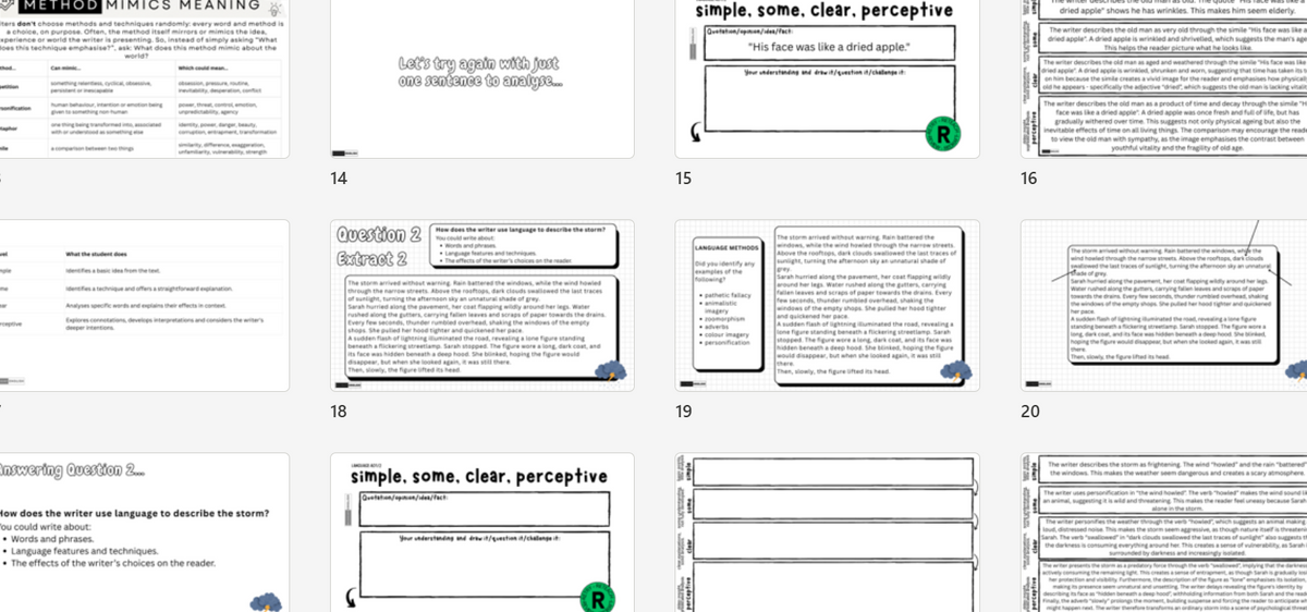 A grid of printed worksheet or lesson-plan pages with text boxes, headings, and diagrams on a white background.