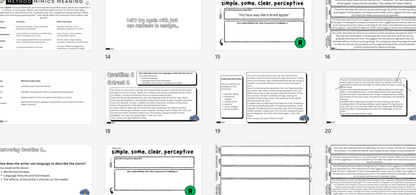 A grid of printed worksheet or lesson-plan pages with text boxes, headings, and diagrams on a white background.