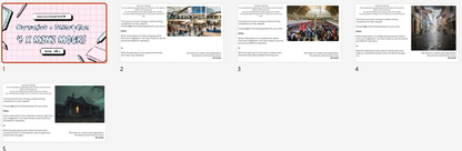 A screenshot-like collage showing multiple pages or panels related to a travel or photography guide titled 'Chengdu - Vietnam - 4 in a Month!' with photos of streets, crowds, and a dark building, arranged on a light gray background.