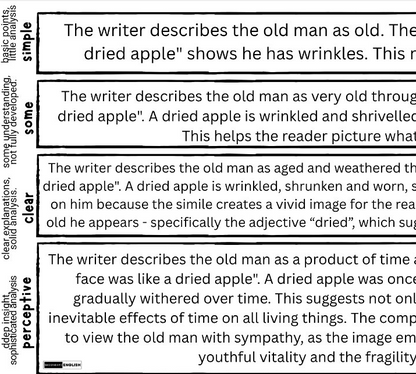 A text-based educational poster or worksheet page with five horizontal text blocks discussing literary analysis of an old man described as a dried apple, with a small HONESTON logo at the bottom left.