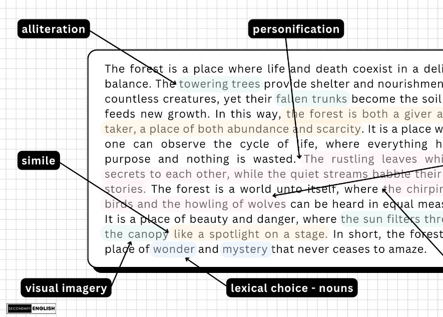 A text annotation diagram on a white grid background showing a sample paragraph with callout labels pointing to alliteration, personification, simile, visual imagery, and lexical choice - nouns.