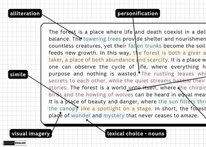A text annotation diagram on a white grid background showing a sample paragraph with callout labels pointing to alliteration, personification, simile, visual imagery, and lexical choice - nouns.