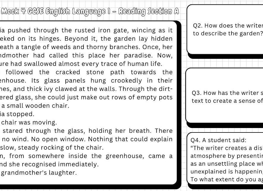 A cropped preview of a reading comprehension worksheet or quiz page with black text panels and question boxes on a white background.