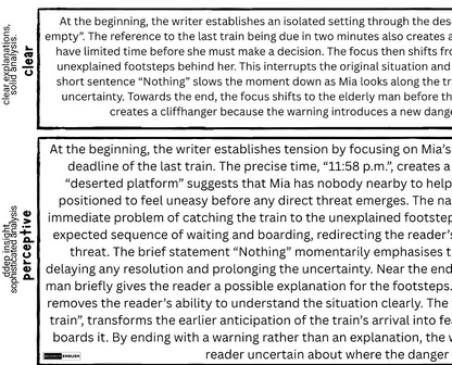 A book or magazine article excerpt with two black text boxes on a white background, titled 'clear' and 'deep perceptions, somewhat unclear'. The text discusses narrative structure and reader perception in a literary context.