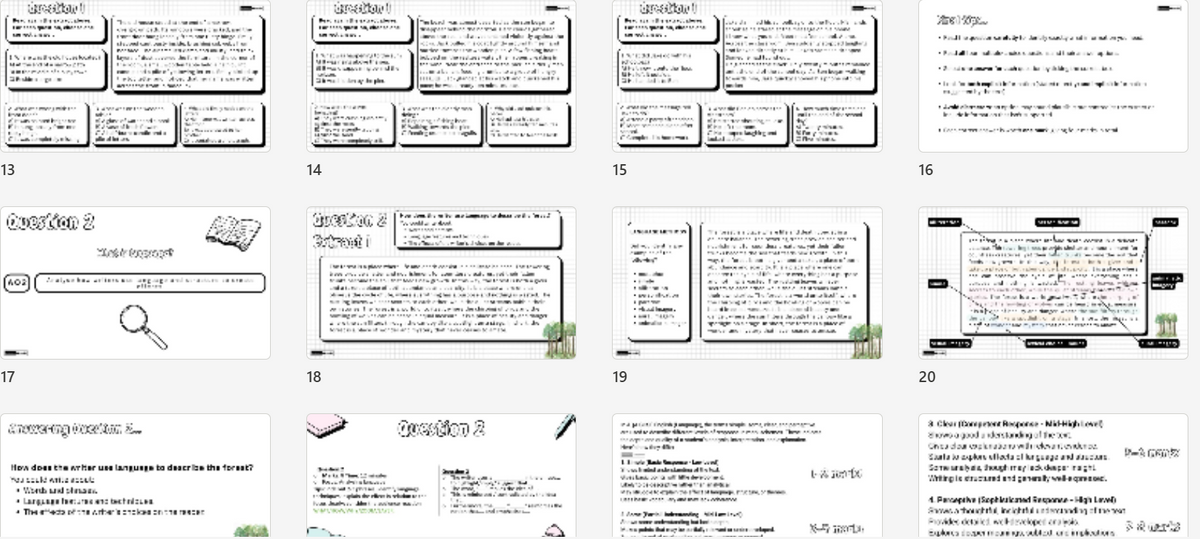 A 3x5 grid of 15 digital presentation slide templates featuring English grammar and vocabulary study content, with sections for definitions, examples, and exercises.