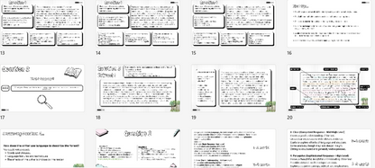 A 3x5 grid of 15 digital presentation slide templates featuring English grammar and vocabulary study content, with sections for definitions, examples, and exercises.