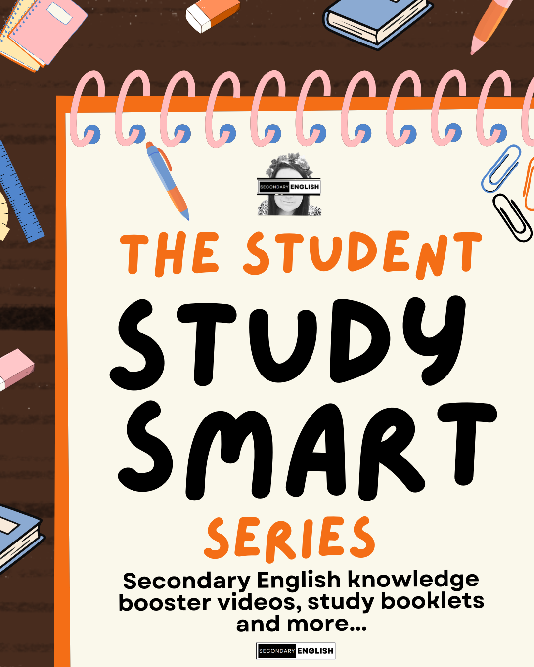 Promotional graphic for 'The Student Study Smart Series' by Easy English, featuring a spiral-bound notebook cover with bold black and orange text on a cream background, surrounded by school-themed doodles on a dark brown surface.