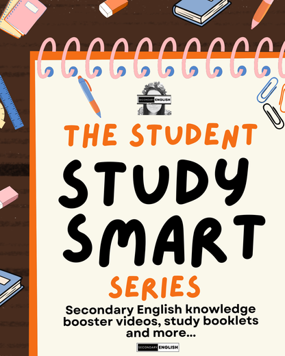 Promotional graphic for 'The Student Study Smart Series' by Easy English, featuring a spiral-bound notebook cover with bold black and orange text on a cream background, surrounded by school-themed doodles on a dark brown surface.