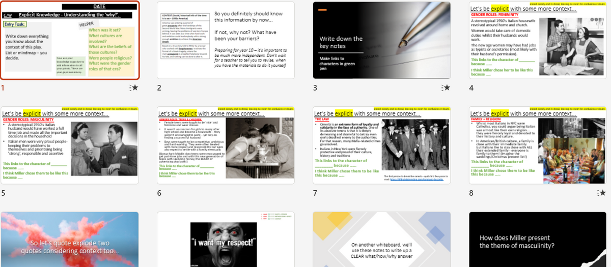 A grid of 12 digital slide thumbnails for a presentation template, featuring various educational and business-themed layouts with text, images, and charts. The slides have a clean white background with black text and colorful accents.