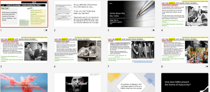 A grid of 12 digital slide thumbnails for a presentation template, featuring various educational and business-themed layouts with text, images, and charts. The slides have a clean white background with black text and colorful accents.