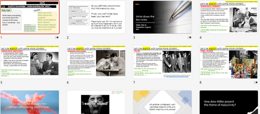 A grid of 12 digital slide thumbnails for a presentation template, featuring various educational and business-themed layouts with text, images, and charts. The slides have a clean white background with black text and colorful accents.