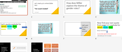 A grid of digital presentation slide thumbnails on a light gray background, showing educational quote-explode templates with text boxes, arrows, and small yellow and blue accent shapes.