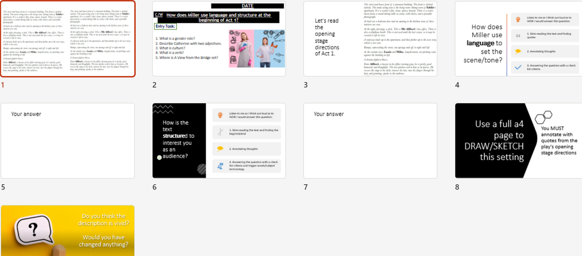 A collage of ten numbered panels showing a digital mockup or preview of a page design template, with text blocks, buttons, and a yellow question mark card on a white background.