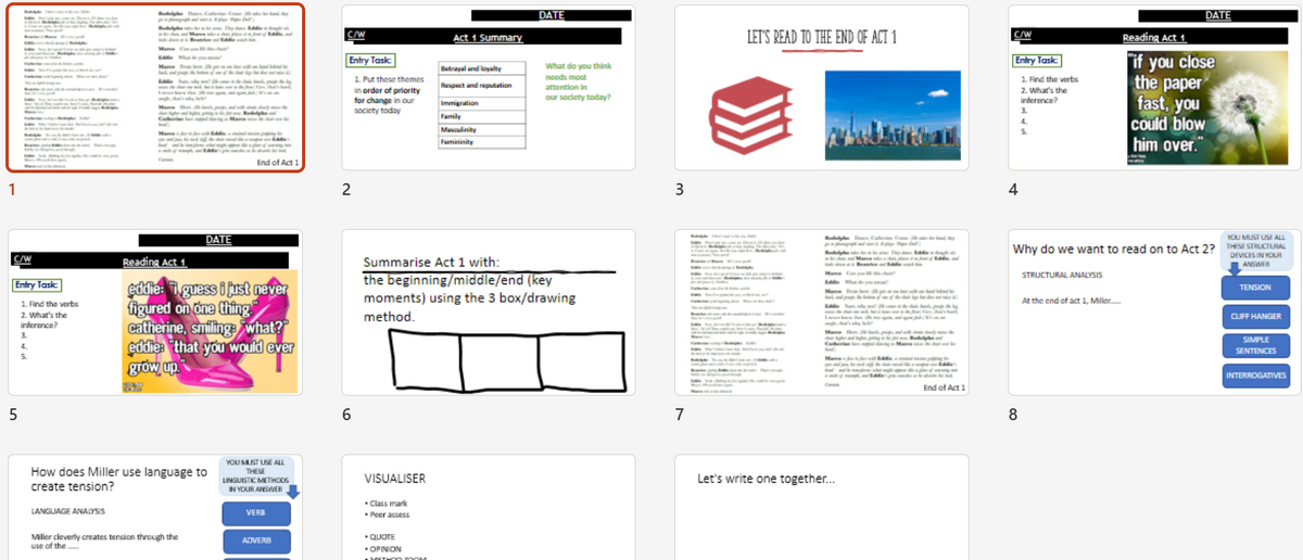 A grid of 12 digital presentation slide thumbnails labeled 1 through 12, showing a lesson plan or educational resource layout with text panels, diagrams, and a red book icon.