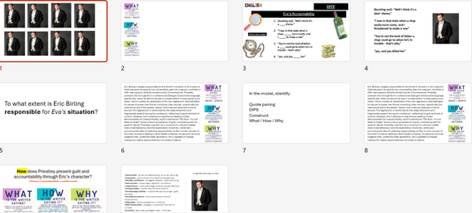 A grid of 10 presentation slide thumbnails on a light gray background, showing educational content related to ethics and business, with the WHAT, HOW, WHY, and WHY NOT headers visible on several slides.