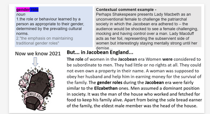 An educational poster titled 'gender roles' with a text box explaining gender roles, a 'Now we know 2021' fact box, and a cartoon illustration of a woman in a dress and hat at the bottom.