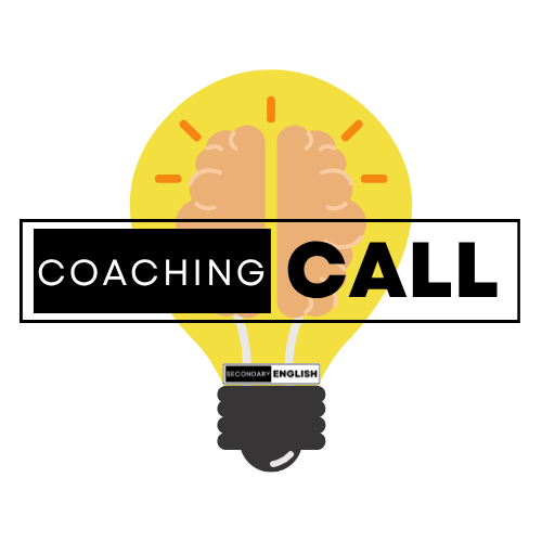 A graphic logo featuring a lightbulb with a yellow glow and a stylized brain inside, overlaid with the text 'COACHING CALL' in white and black. A small label near the bulb base reads 'SECONDARY ENGLISH'.