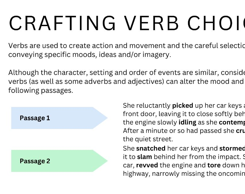 An educational infographic titled 'CRAFTING VERB CHOICE' explaining how verbs affect mood and action in writing. It features two sample passages with blue arrow labels, 'Passage 1' and 'Passage 2', on a white background with black text.