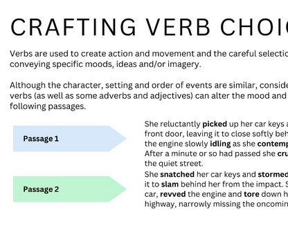 An educational infographic titled 'CRAFTING VERB CHOICE' explaining how verbs affect mood and action in writing. It features two sample passages with blue arrow labels, 'Passage 1' and 'Passage 2', on a white background with black text.