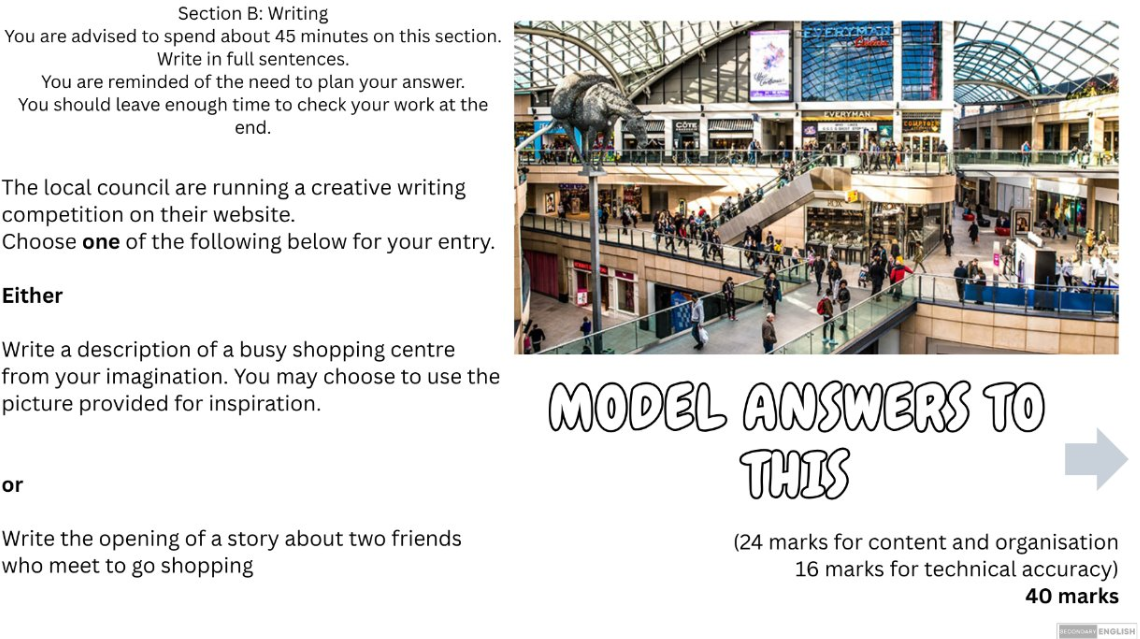 A worksheet page titled 'Section B: Writing' with instructions, a large shopping mall interior photograph, and text reading 'MODEL ANSWERS TO THIS' plus a 40 marks score.