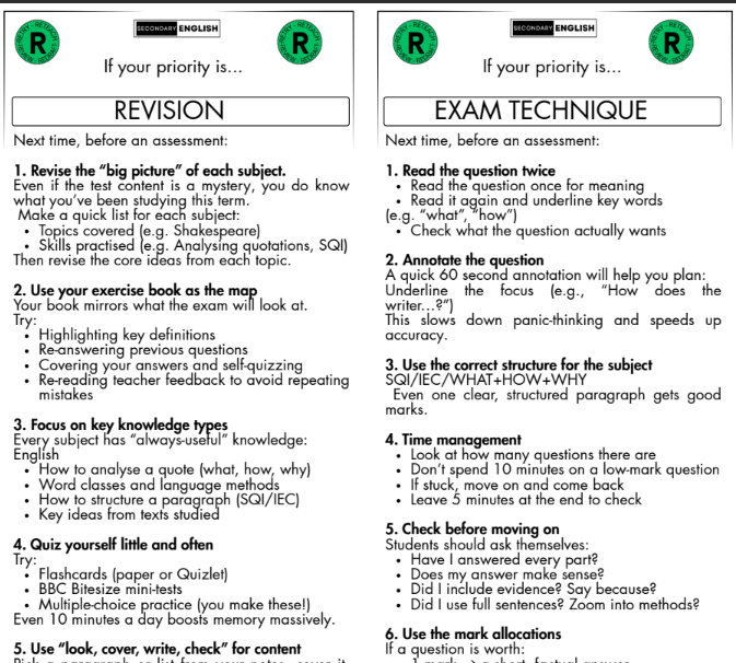 Secondary English Revision/Exam Technique Advice Bookmarks