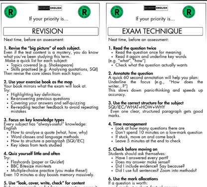 Secondary English Revision/Exam Technique Advice Bookmarks