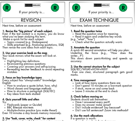 Secondary English Revision/Exam Technique Advice Bookmarks