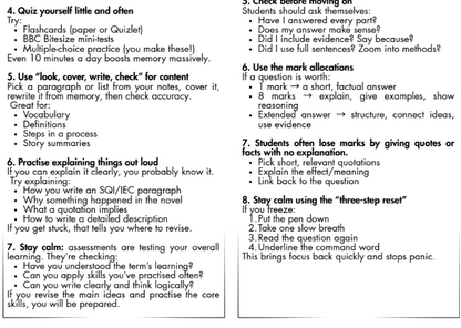Sheet of educational advice on improving study habits and test-taking skills.