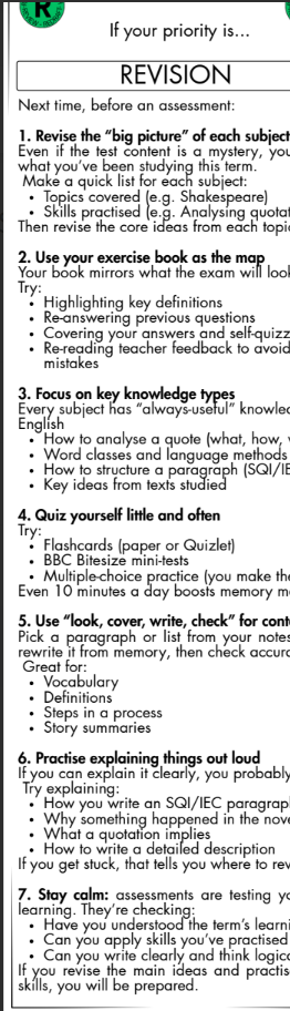 Secondary English Revision/Exam Technique Advice Bookmarks