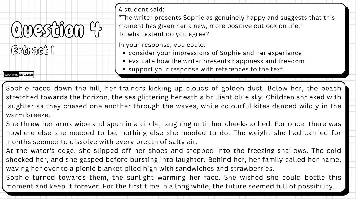 A black-and-white worksheet page with a large text box containing a student quote about a writer named Sophie, followed by a paragraph excerpt from a story about Sophie racing down a hill and her family by the sea. The page has a black border and the heading 'Question 4 Extract 1' at the top left.