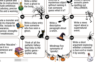 A Halloween-themed educational worksheet or activity card featuring a grid of numbered prompts with spooky illustrations such as a witch hat, pumpkin, spider, bat, haunted tree, skeleton, and a black cat. The cards are arranged on a white background with a small 'EDUCATIONAL ENGLISH' label in the lower left corner.