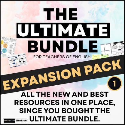 Promotional graphic for 'The Ultimate Bundle for Teachers of English Expansion Pack 1' by Secondary English, featuring a pastel watercolor background, bold black and white title text, a diagonal black banner with gold text, and small preview images of worksheets and activity sheets.