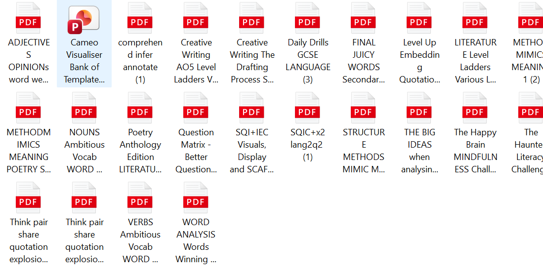 A digital preview sheet showing a series of PDF educational worksheets and quizzes, titled with subjects like 'Adjective', 'Creative Writing', 'Daily Drills GCSE Language', and 'The Happy Brain'. Each item is labeled with a red 'PDF' icon and a white title banner.